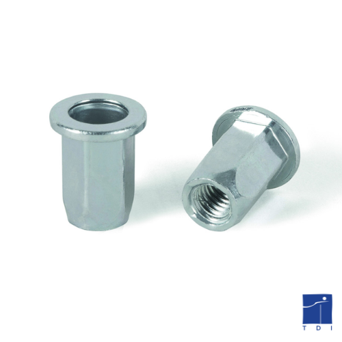 Tuerca de engaste, cabeza hexagonal reducida, lisa hasta M6, espesor a engarzar de 0,5 a 2,5 mm, acero galvanizado blanco