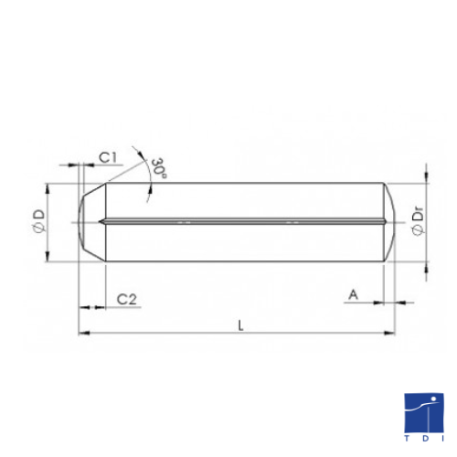 ISO 8740 Pasador estriado de acero S250 de 2,5 mm X 14 mm con estriado constante en toda su longitud, biselado.