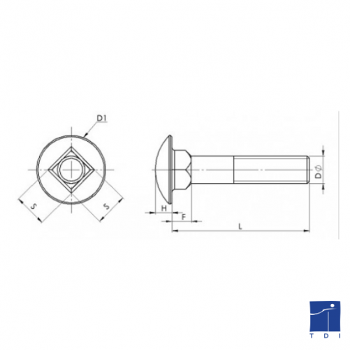 Tornillo de cabeza redonda y cuello cuadrado DIN 603 totalmente roscado M8 X 1,25 X 70 Acero inoxidable A2